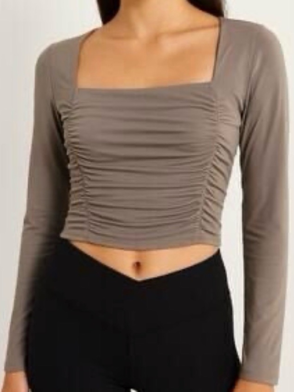 Hollister Taupe Ruched Square-Neck Long Sleeve Crop Top